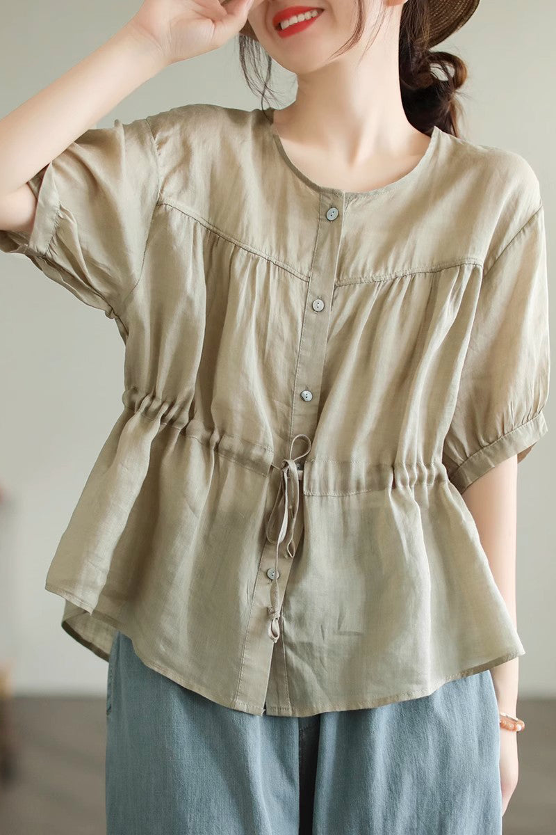 Half Sleeve Button Round Neck Drawstring Linen Top