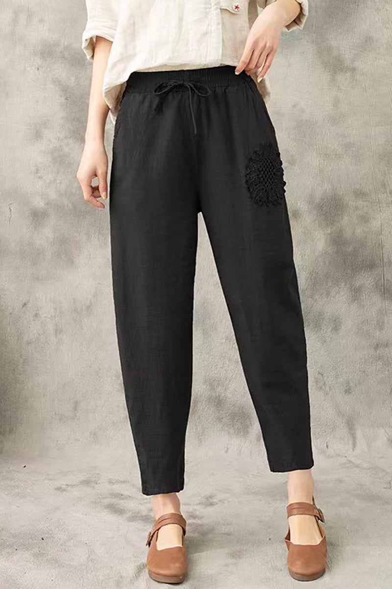 Embroidered pocket drawstring linen harem pants