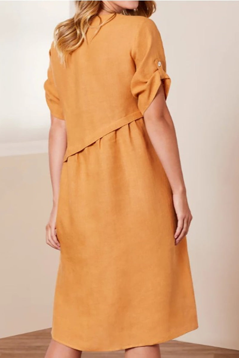 Round Neck Roll Up Sleeve Pleated Orange Linen Midi Dress