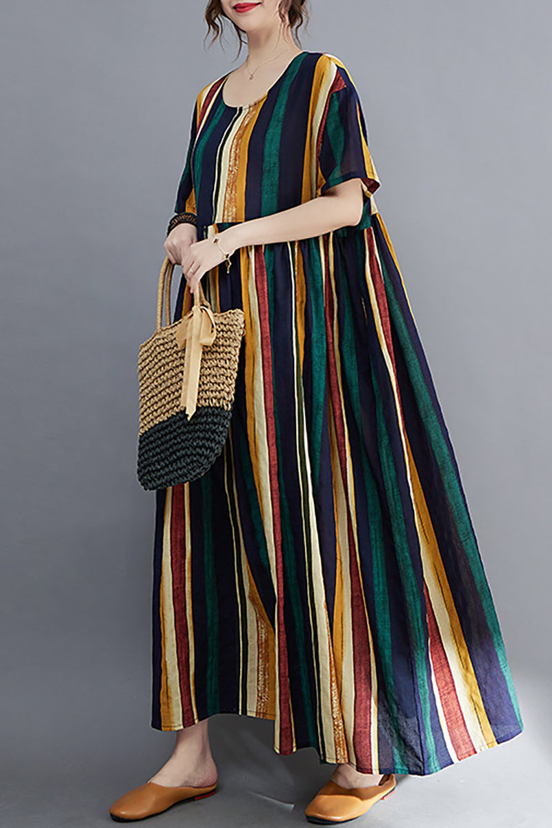 Linen Green Print Short Sleeve Round Neck Maxi Dress