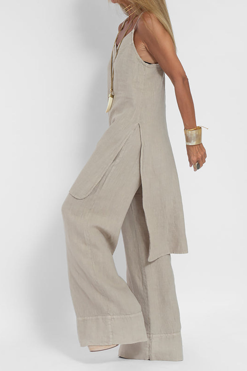 Pocket Wide Leg Pleated Linen Beige Pants Pre Order