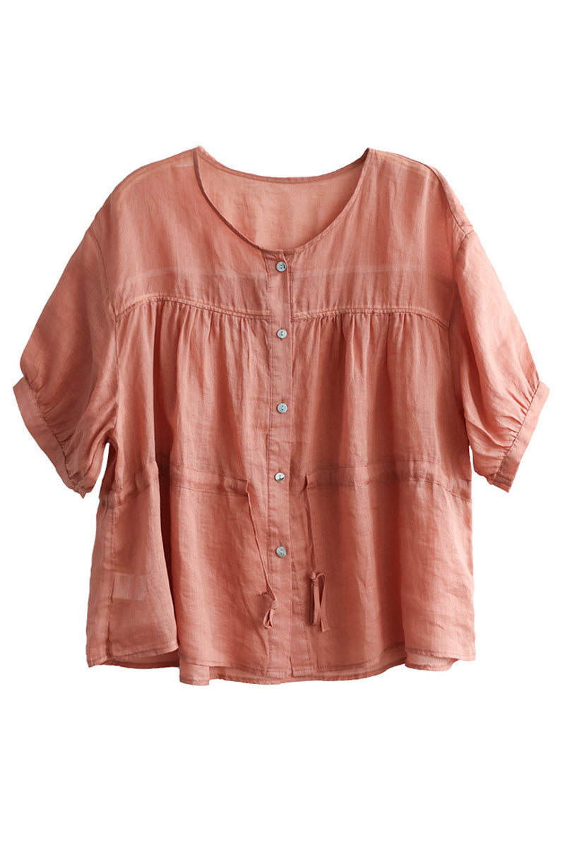 Half Sleeve Button Round Neck Drawstring Linen Top