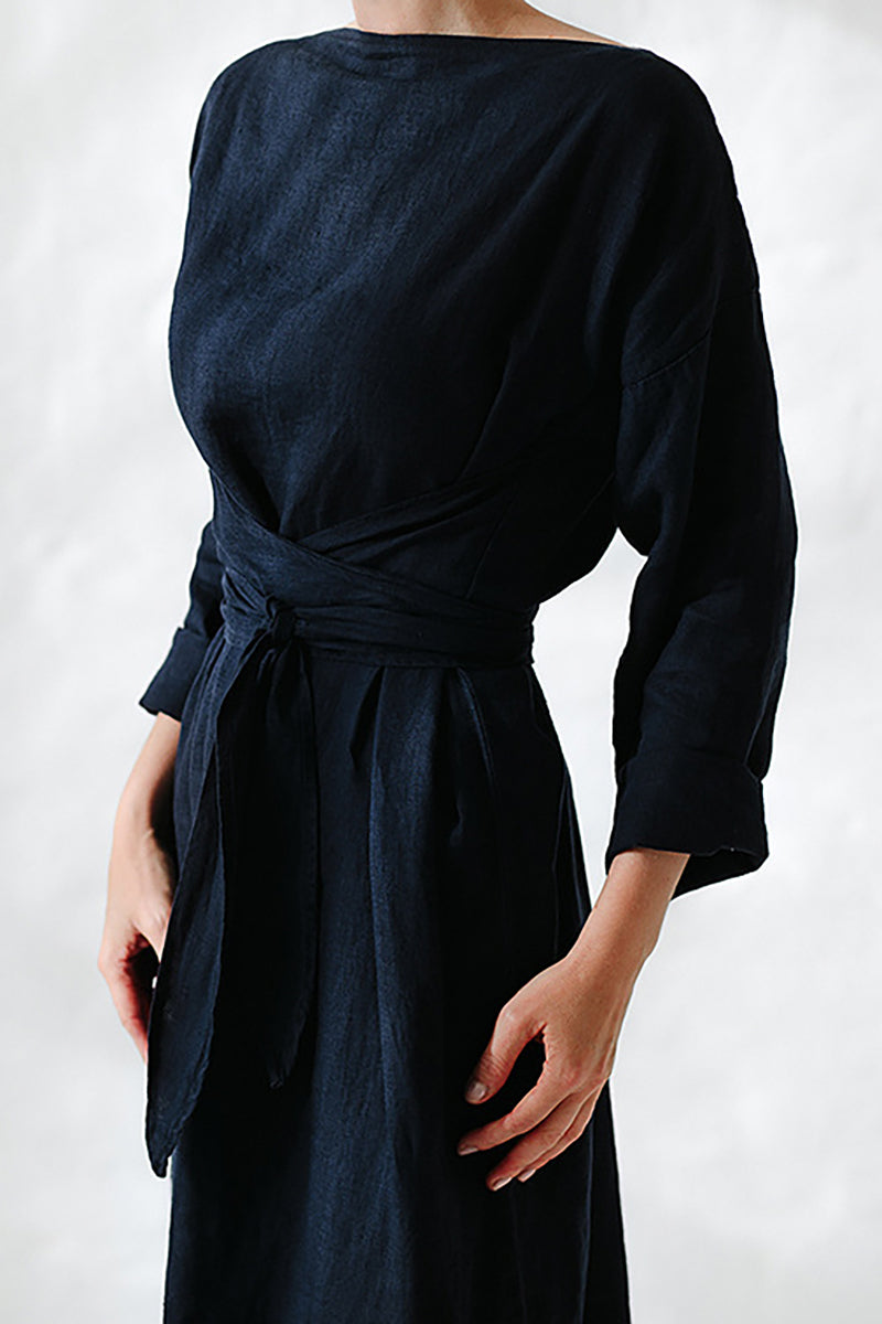 Linen Boat Neck Long Sleeve Tie Up Loose Fit Casual Maxi Dress