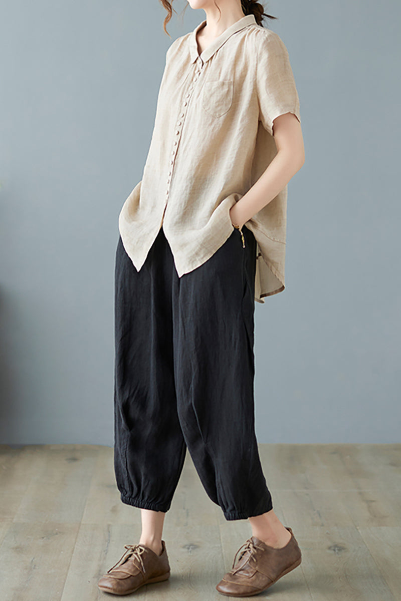 V Neck Short Sleeve Button Pocket Linen Blouse