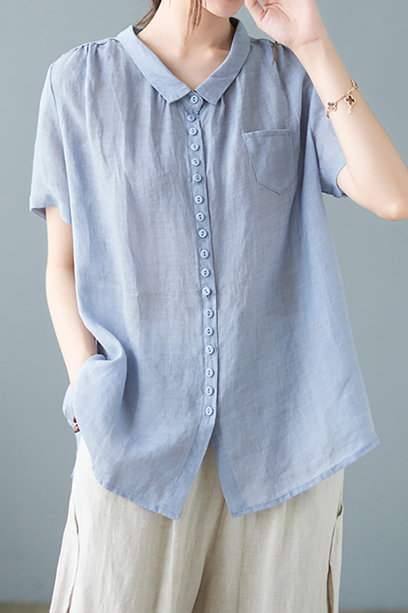 V Neck Short Sleeve Button Pocket Linen Blouse