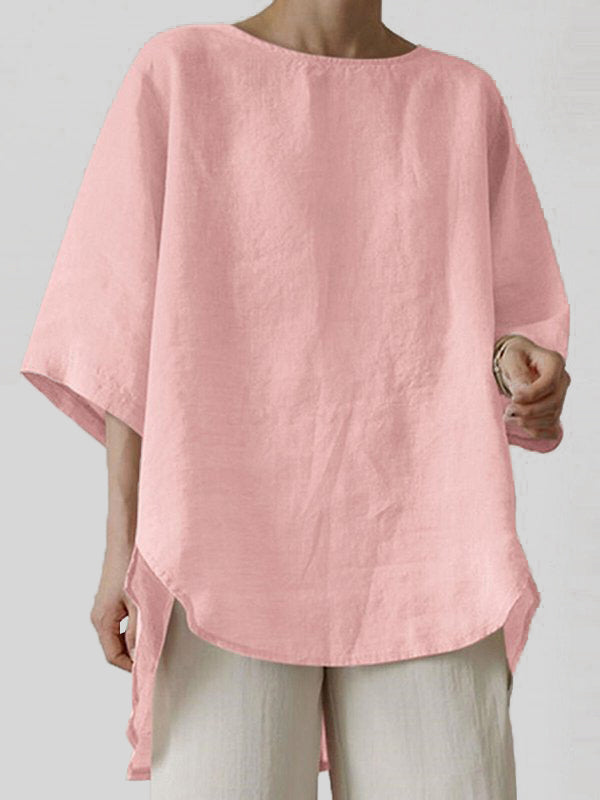Cotton And Linen Solid Color Retro Round Neck Fashion Loose Top
