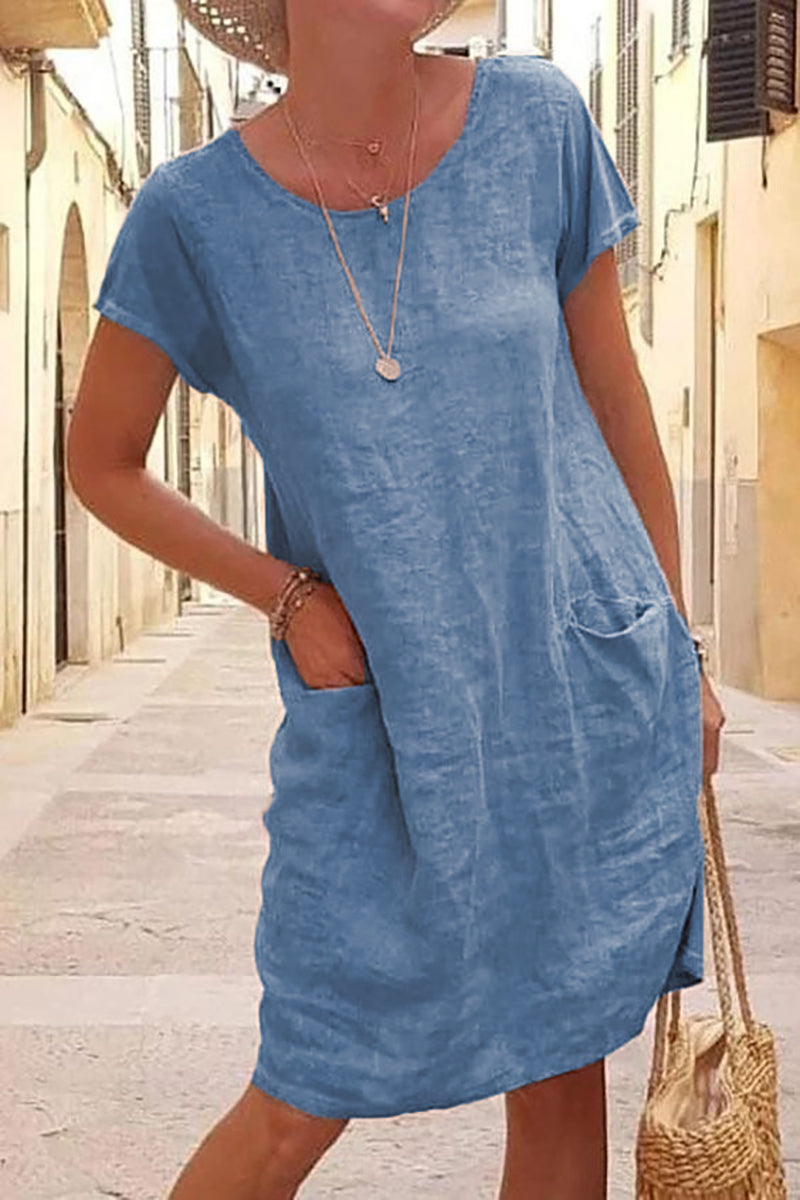 Short Sleeve Round Neck Pocket Casual Linen Mini Dress
