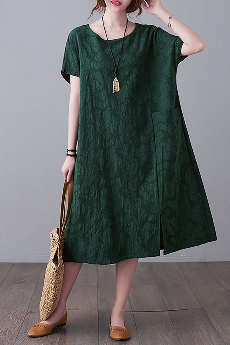 Round Neck Short Sleeve Linen Midi Dress
