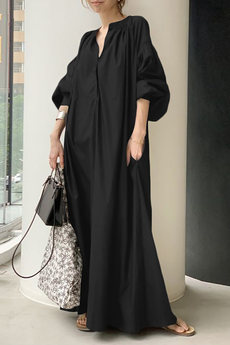 Long Lantern Sleeve Pocket Button Up Pleated Neck Casual Linen Dress