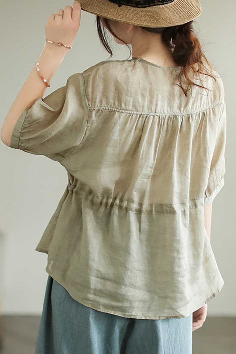 Half Sleeve Button Round Neck Drawstring Linen Top