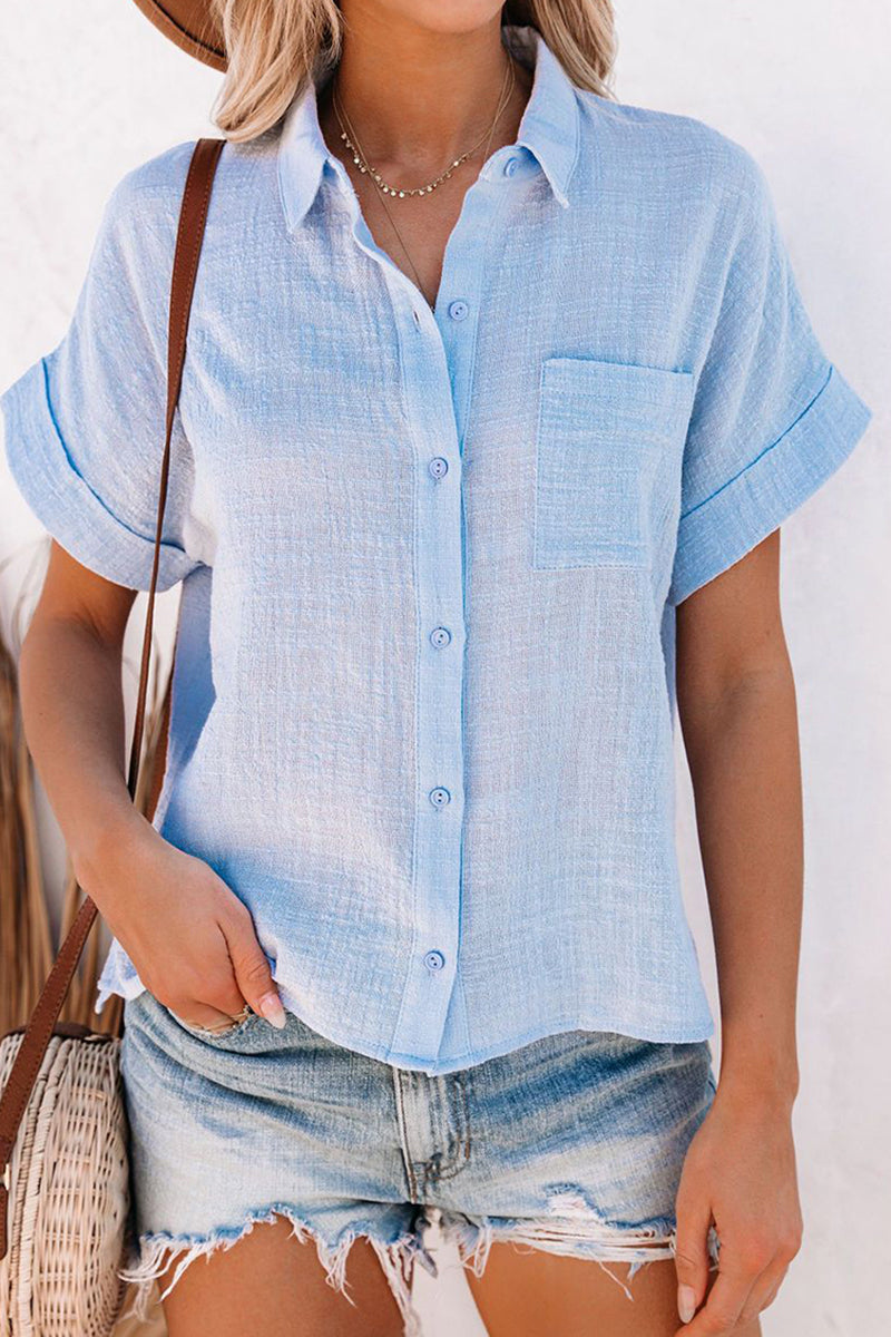 Button Pocket Short Sleeve Turndown Slit Linen Blouse