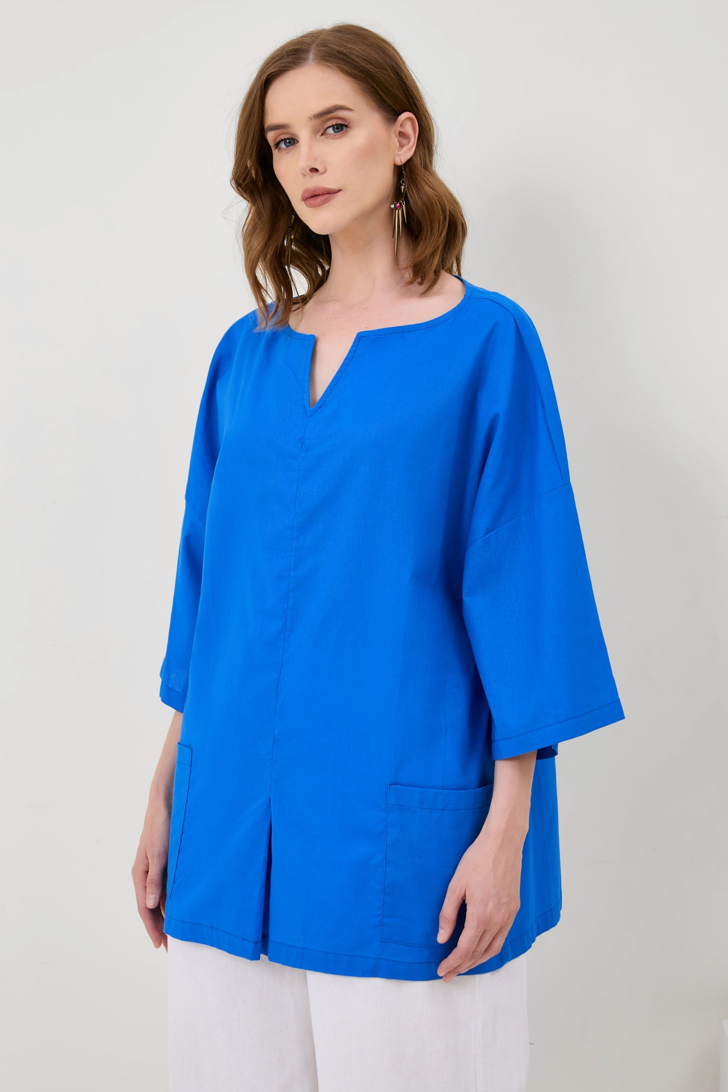 Cotton-Linen V-Neck Hem Slit Top