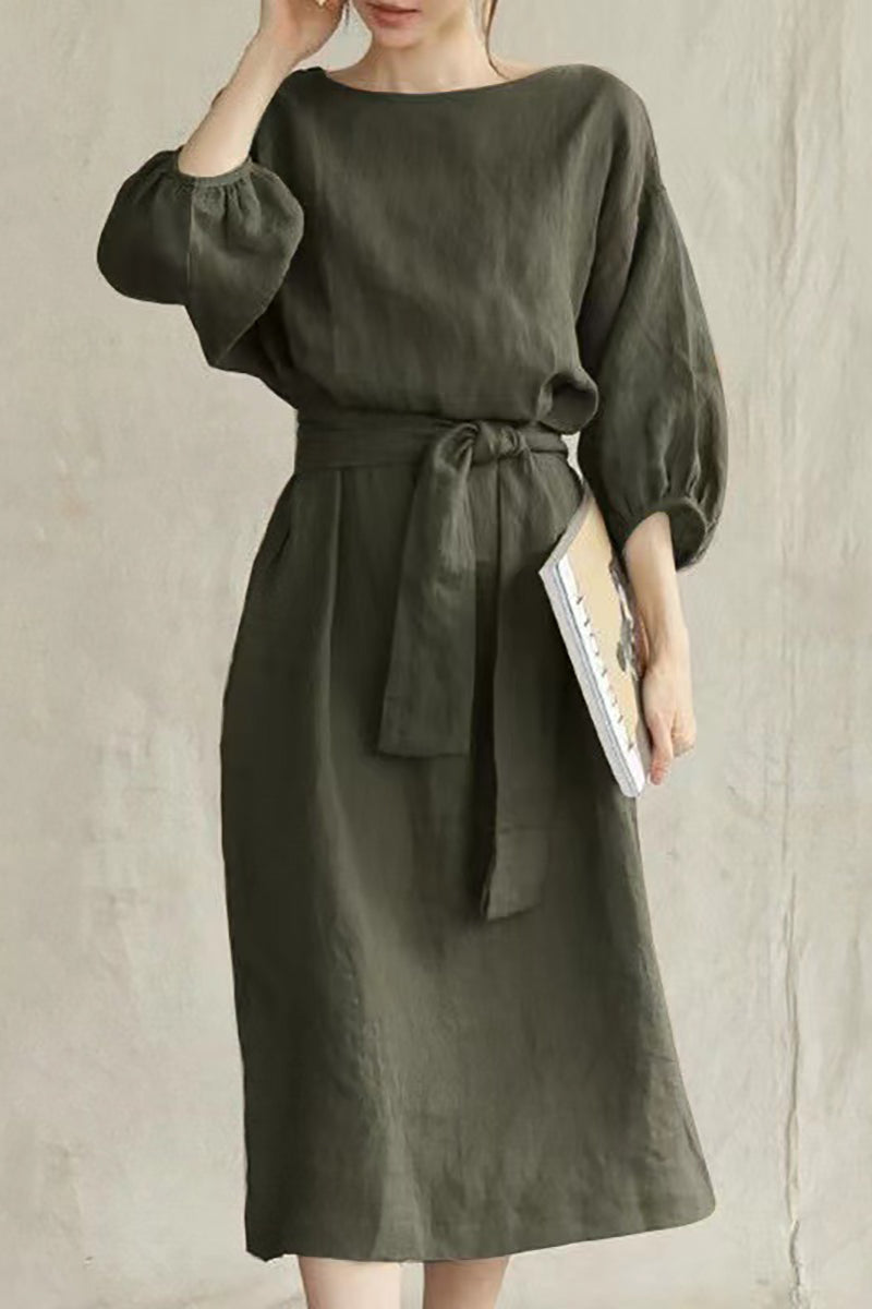 Linen Half Puffy Sleeve Tied Up Pleated Midi Dresses