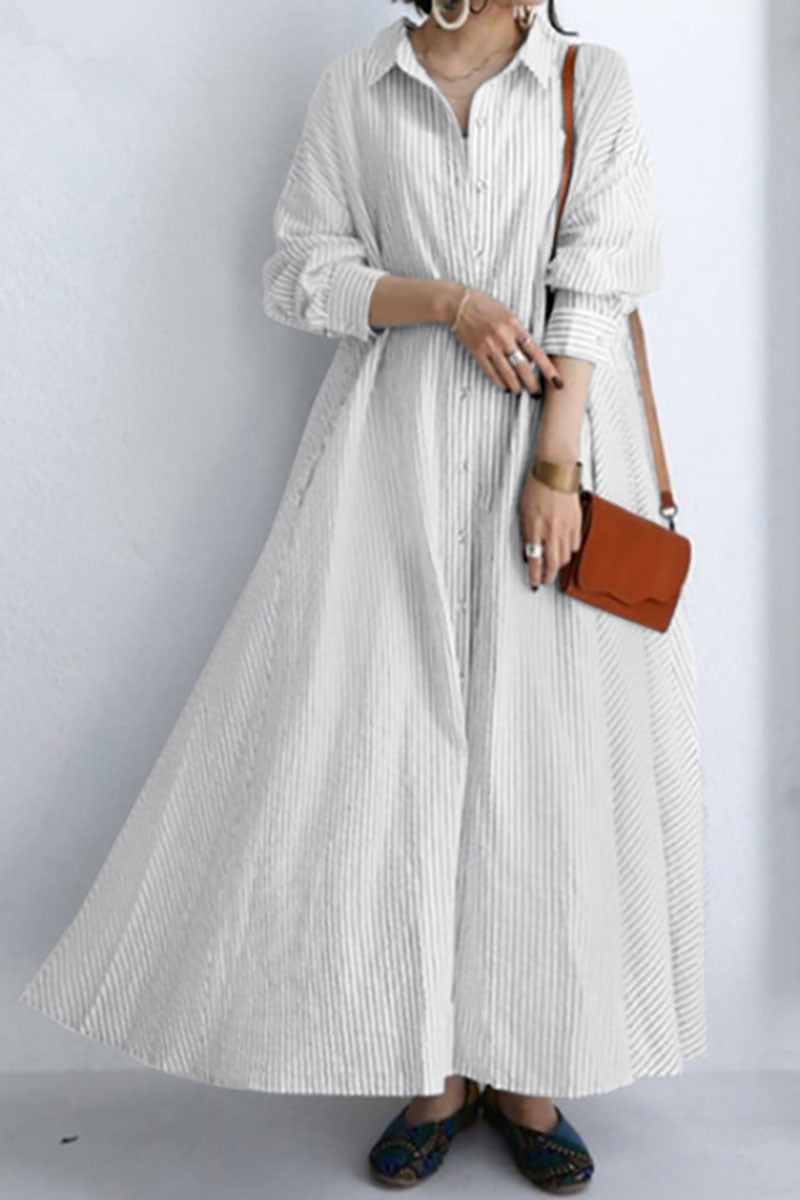 Striped Linen Button Down Casual Maxi Shirt Dress