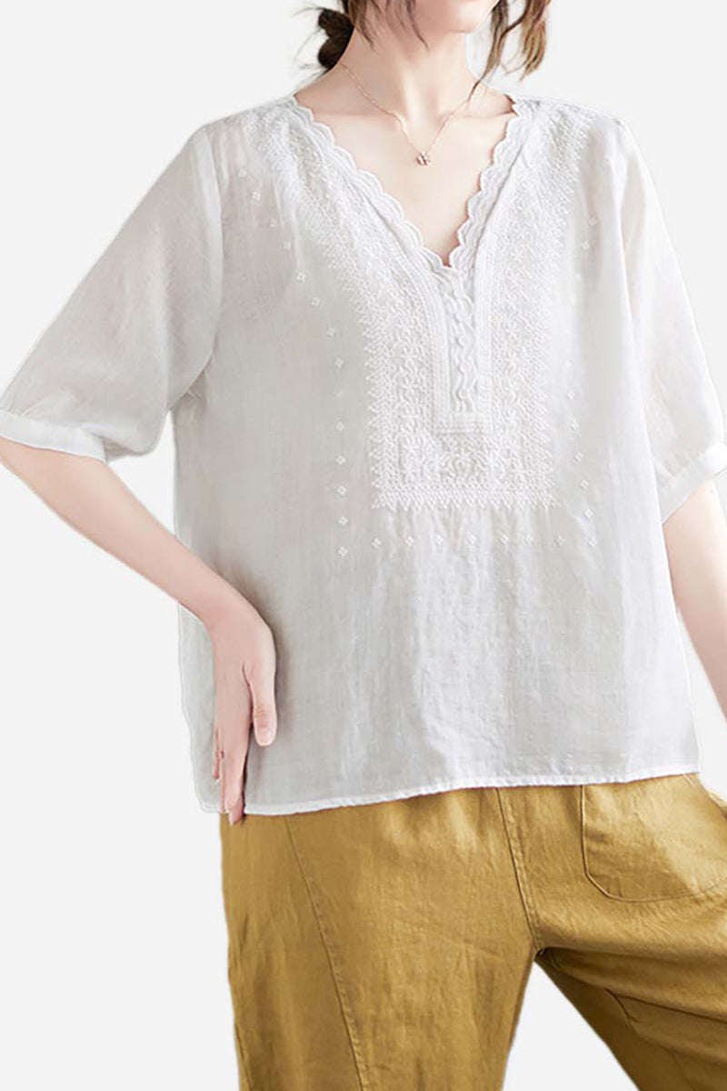 V Neck Embroidery Half Sleeve Linen Top