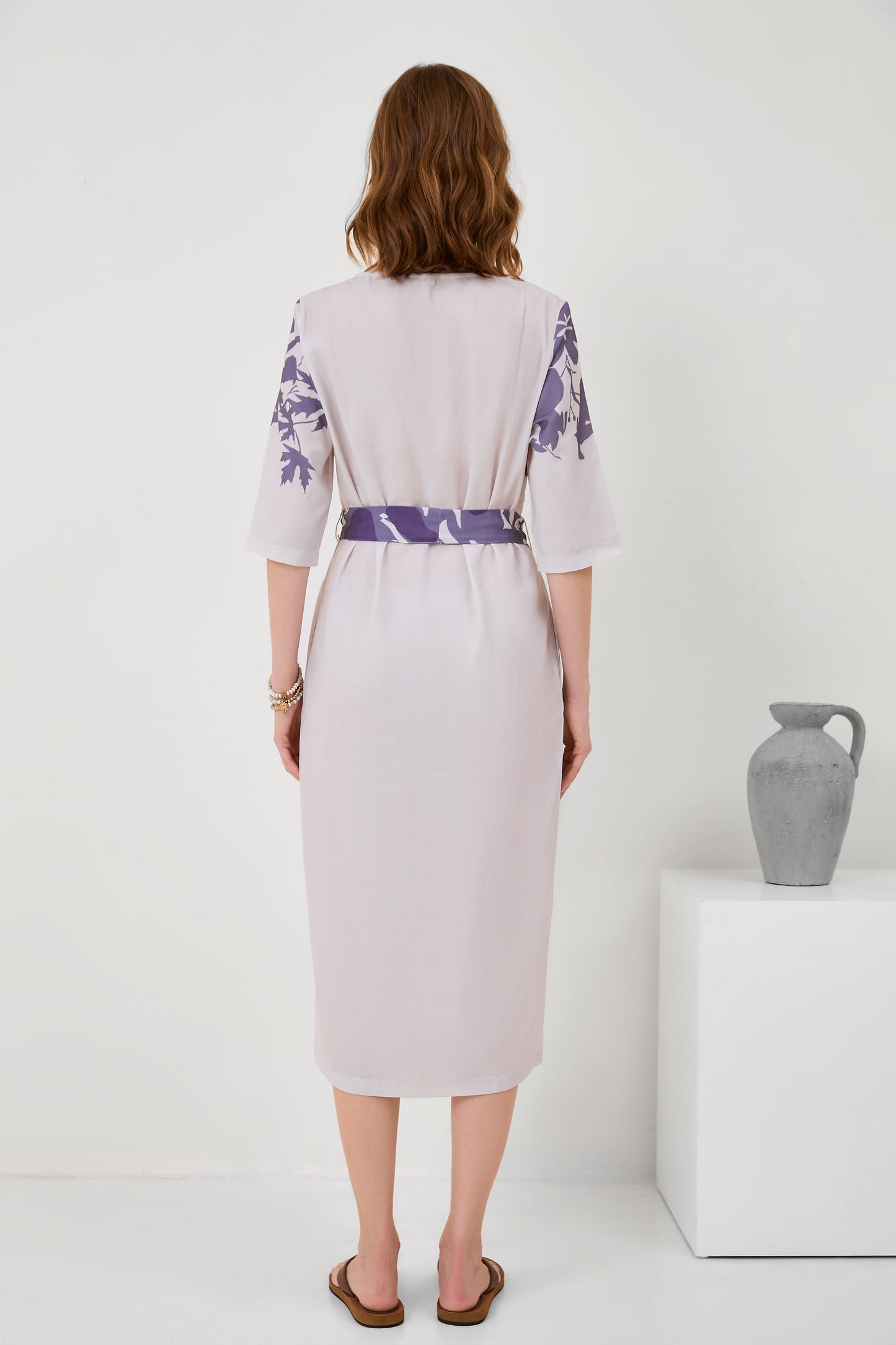 Cotton-Linen Floral Print Mid-Sleeve Dress