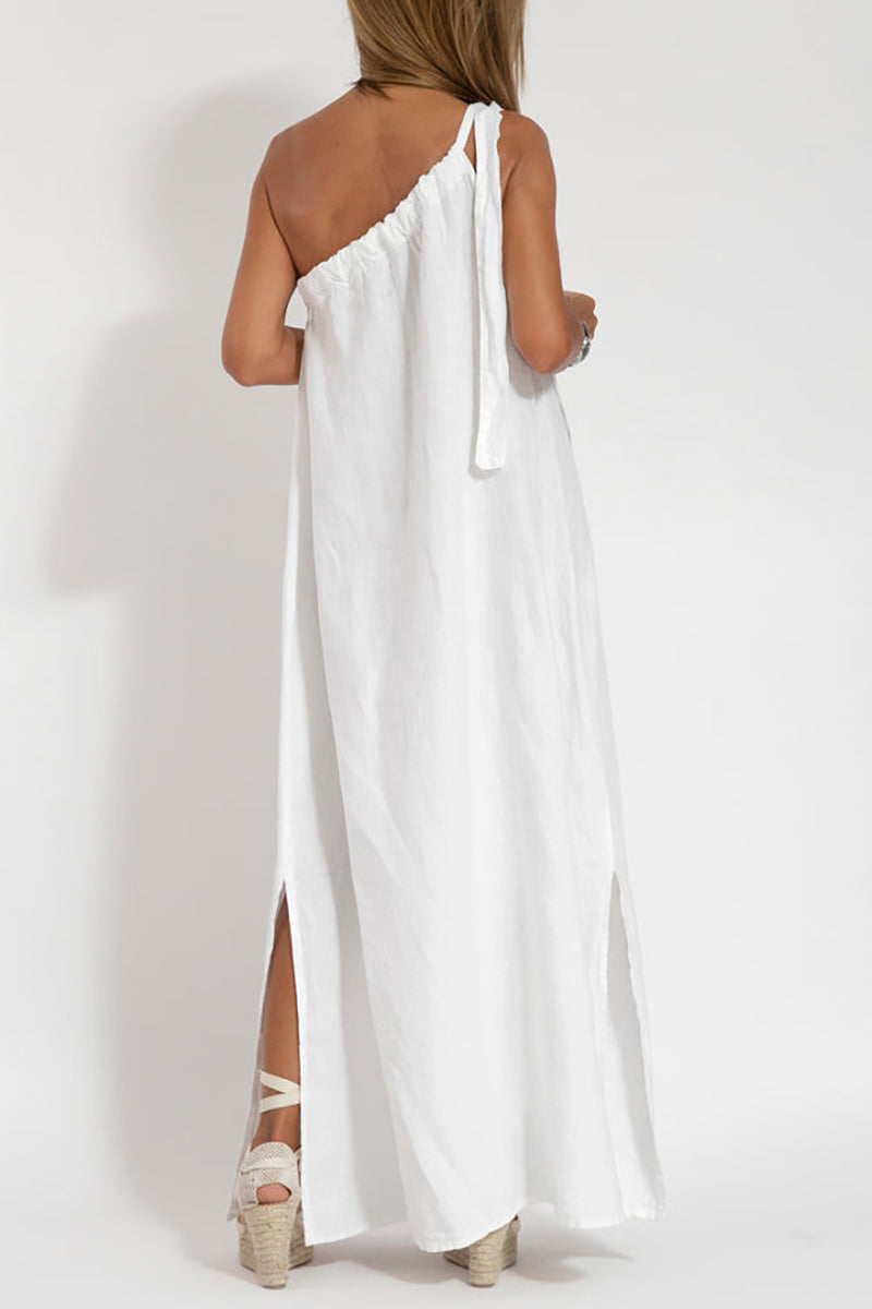 Sash Cami Boat Neck Slit Linen White Maxi Dress Pre Order