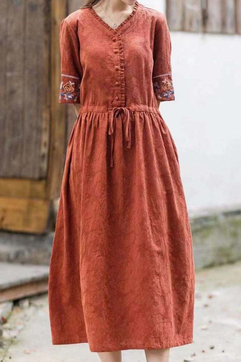 Linen V Neck Button Up Embroidery Short Sleeve Tie Up Ruched Wide Hem Casual Midi Dress