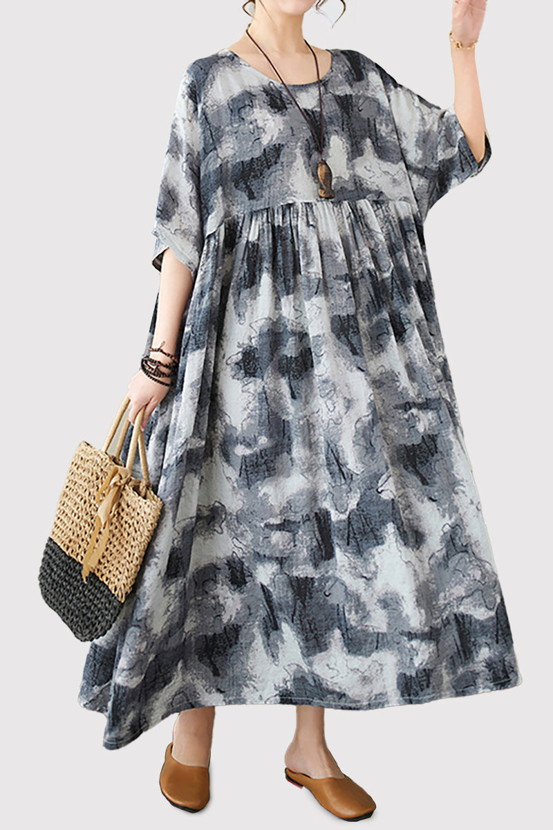 Pattern Print Half Sleeve Round Neck Linen Midi Dress