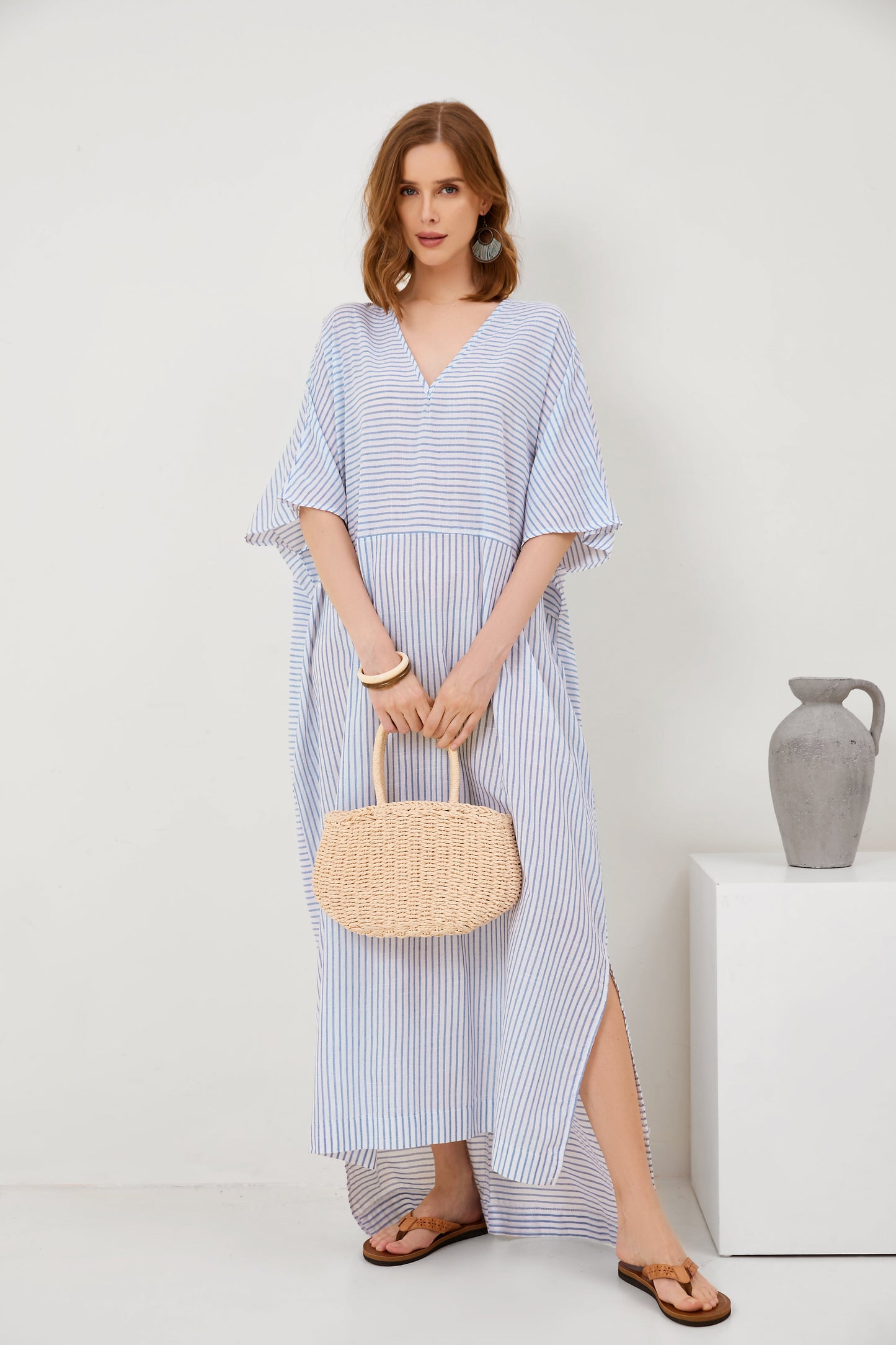 Flared Sleeve V-Neck Striped Panel Fashion Long Dress