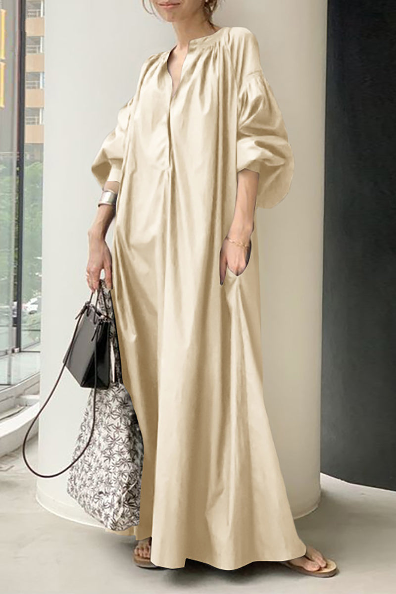 Long Lantern Sleeve Pocket Button Up Pleated Neck Casual Linen Dress