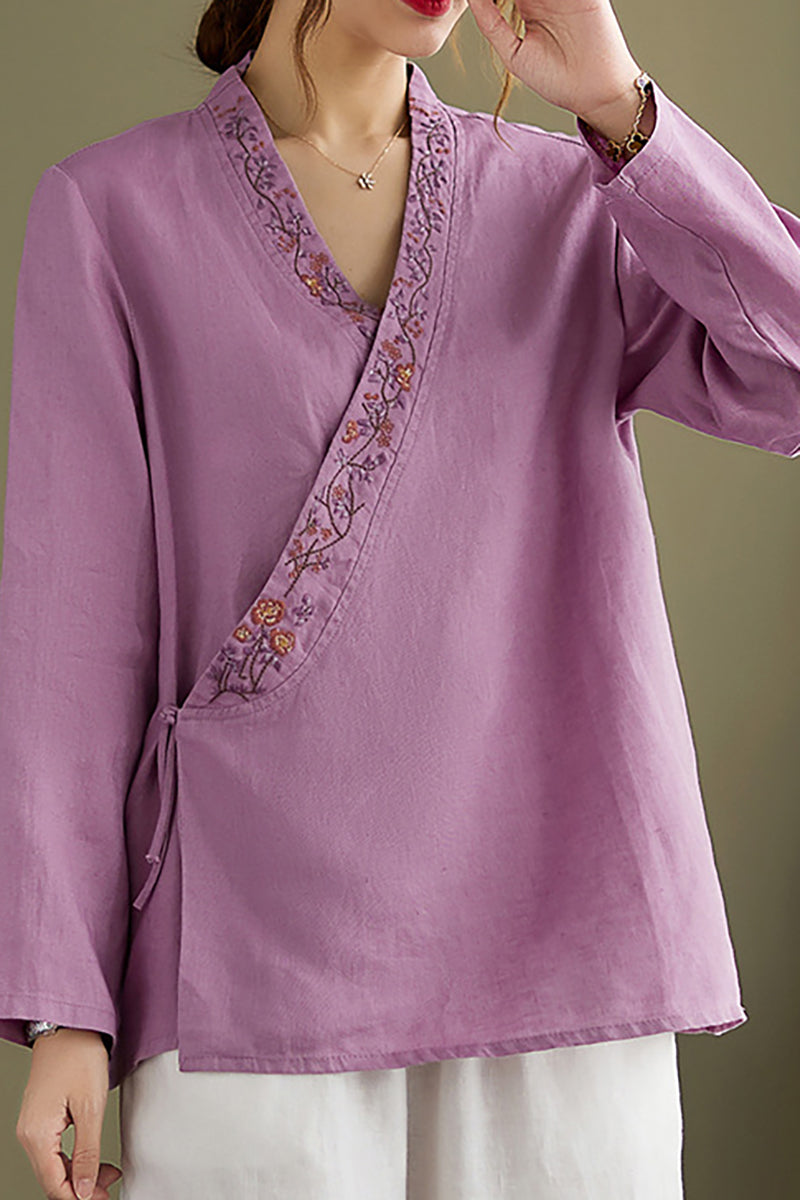 Long Sleeve Embroidered V Neck Linen Top