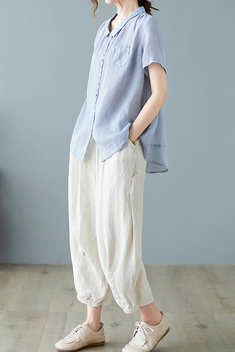 V Neck Short Sleeve Button Pocket Linen Blouse