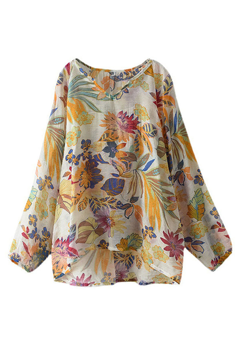 Cotton Linen Beige Long Sleeve V Neck Floral Print Top