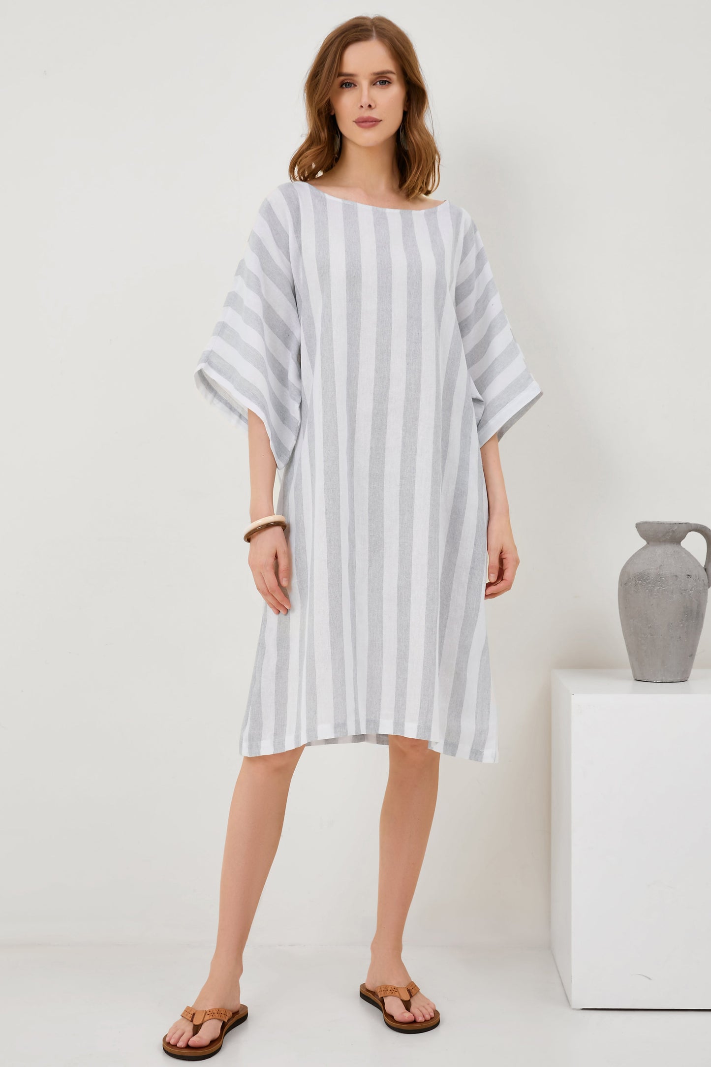 Cropped Sleeves Round Neck Cotton And Linen Comfort Dress