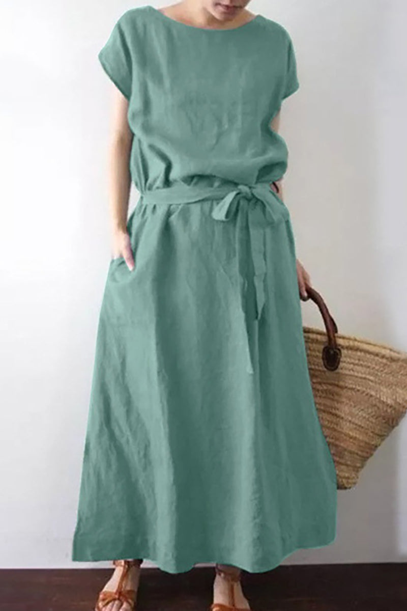 Short Sleeve Round Neck Tied Up Linen Maxi Dress
