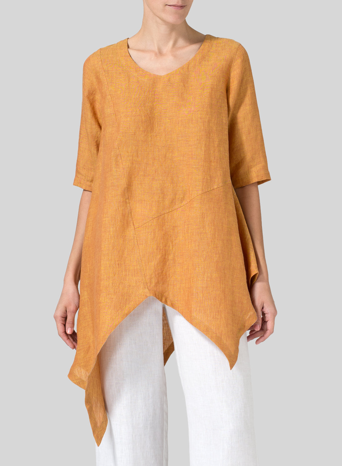 Womens Fashion orange Cotton Linen Asymmetric Long Shirt