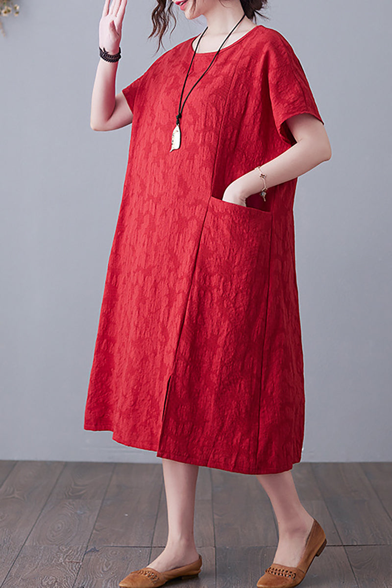 Round Neck Short Sleeve Linen Midi Dress