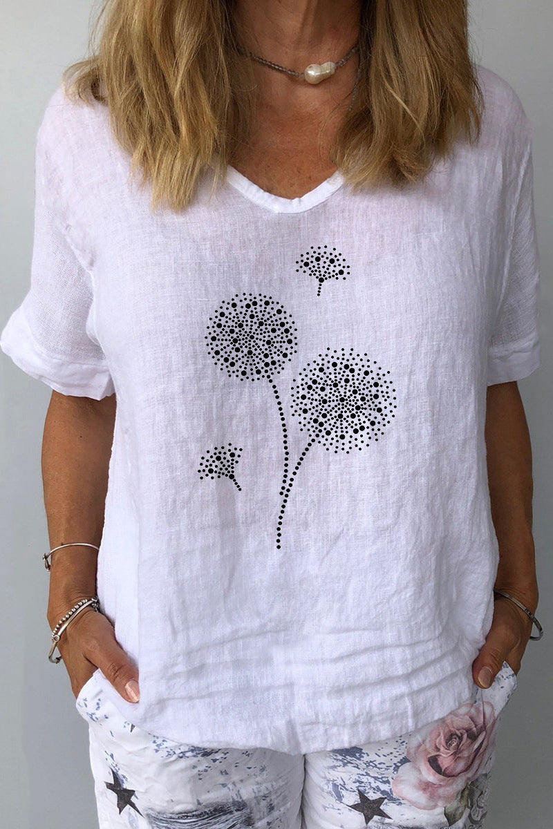 Dandelion Print V Neck Short Sleeve Casual Linen Top