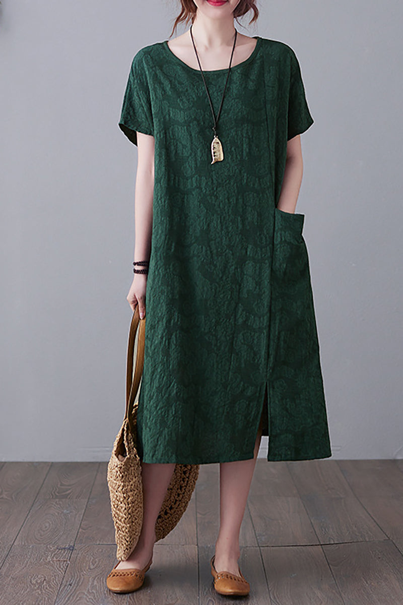 Round Neck Short Sleeve Linen Midi Dress