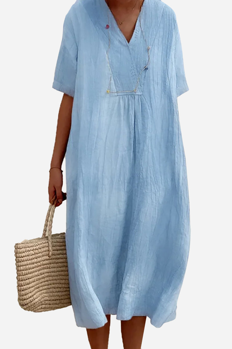 Linen V Neck Short Sleeve Midi Dress