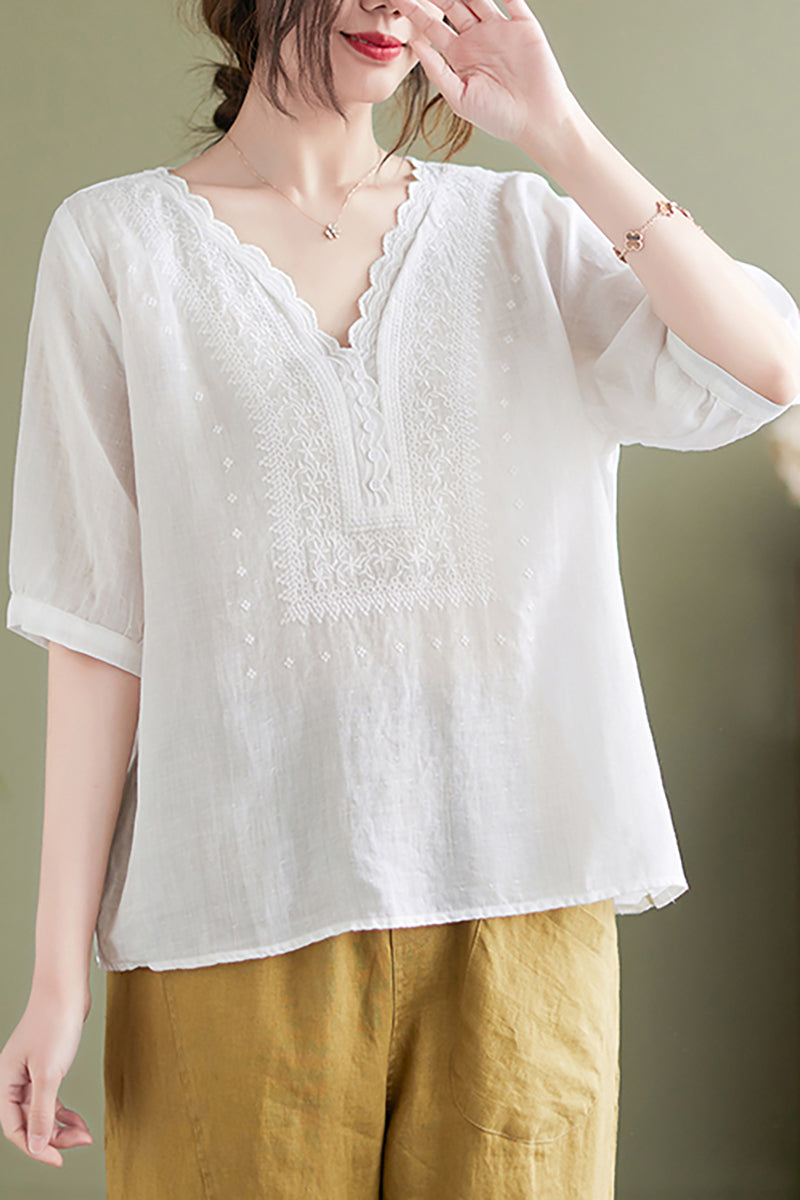 V Neck Embroidery Half Sleeve Linen Top