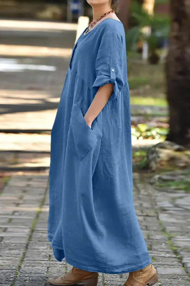 Roll Up Sleeve Irregular Neck Pocket Button Pleated Linen Maxi Dress