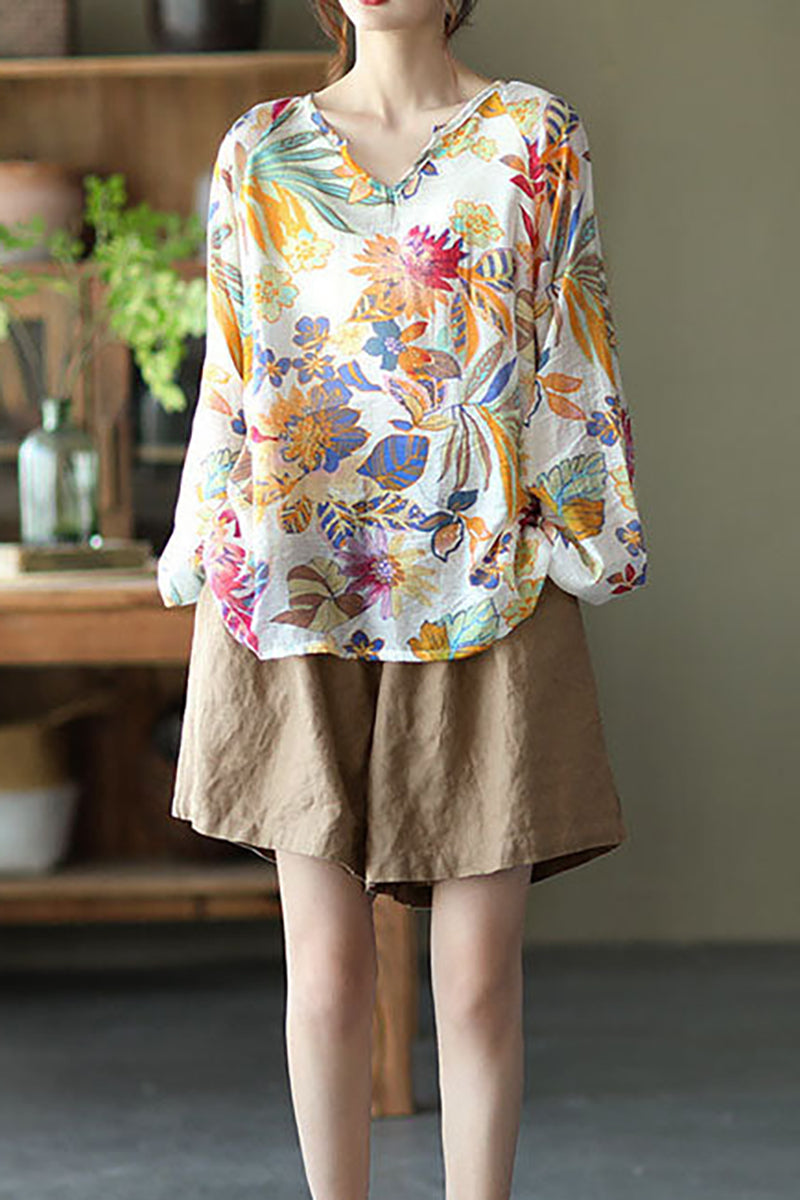 Cotton Linen Beige Long Sleeve V Neck Floral Print Top