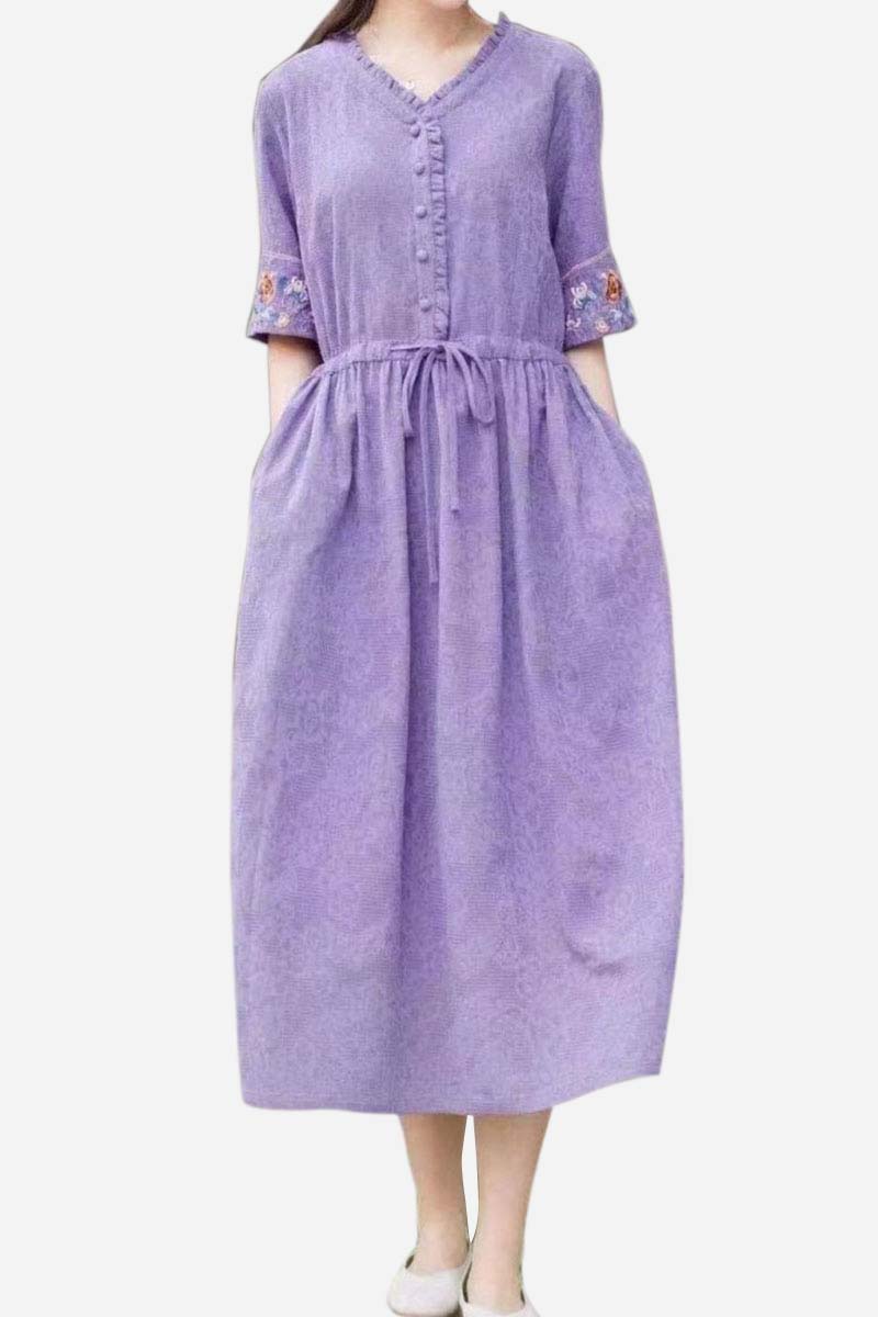 Linen V Neck Button Up Embroidery Short Sleeve Tie Up Ruched Wide Hem Casual Midi Dress