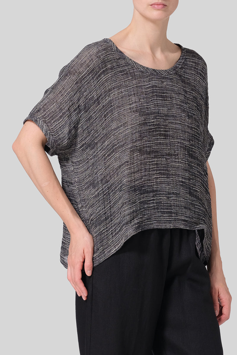 Linen Gray Round Neck Short Sleeve Irregular Hem Top Pre Order