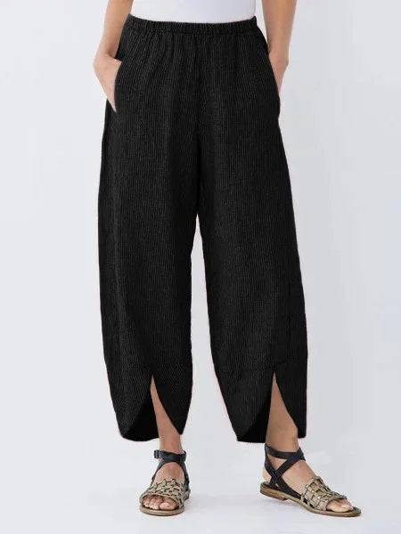 Womens Cotton Linen Elastic Waist Wide Leg Pants