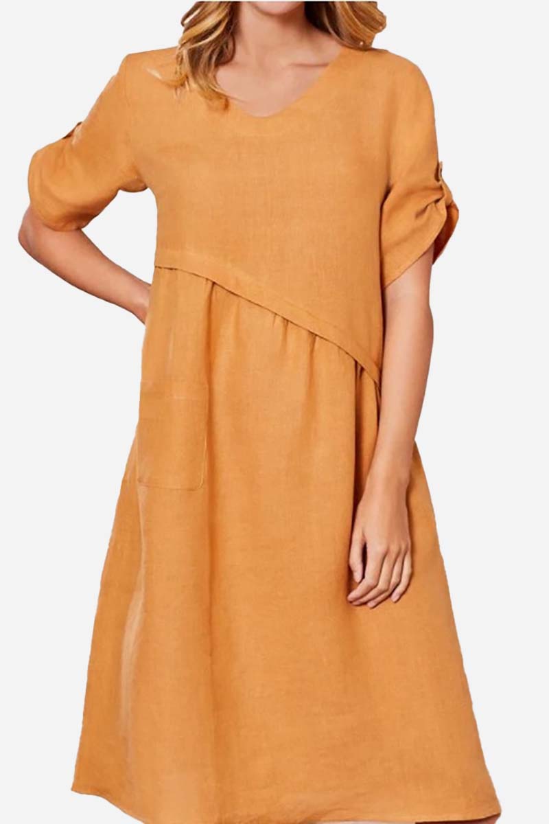 Round Neck Roll Up Sleeve Pleated Orange Linen Midi Dress