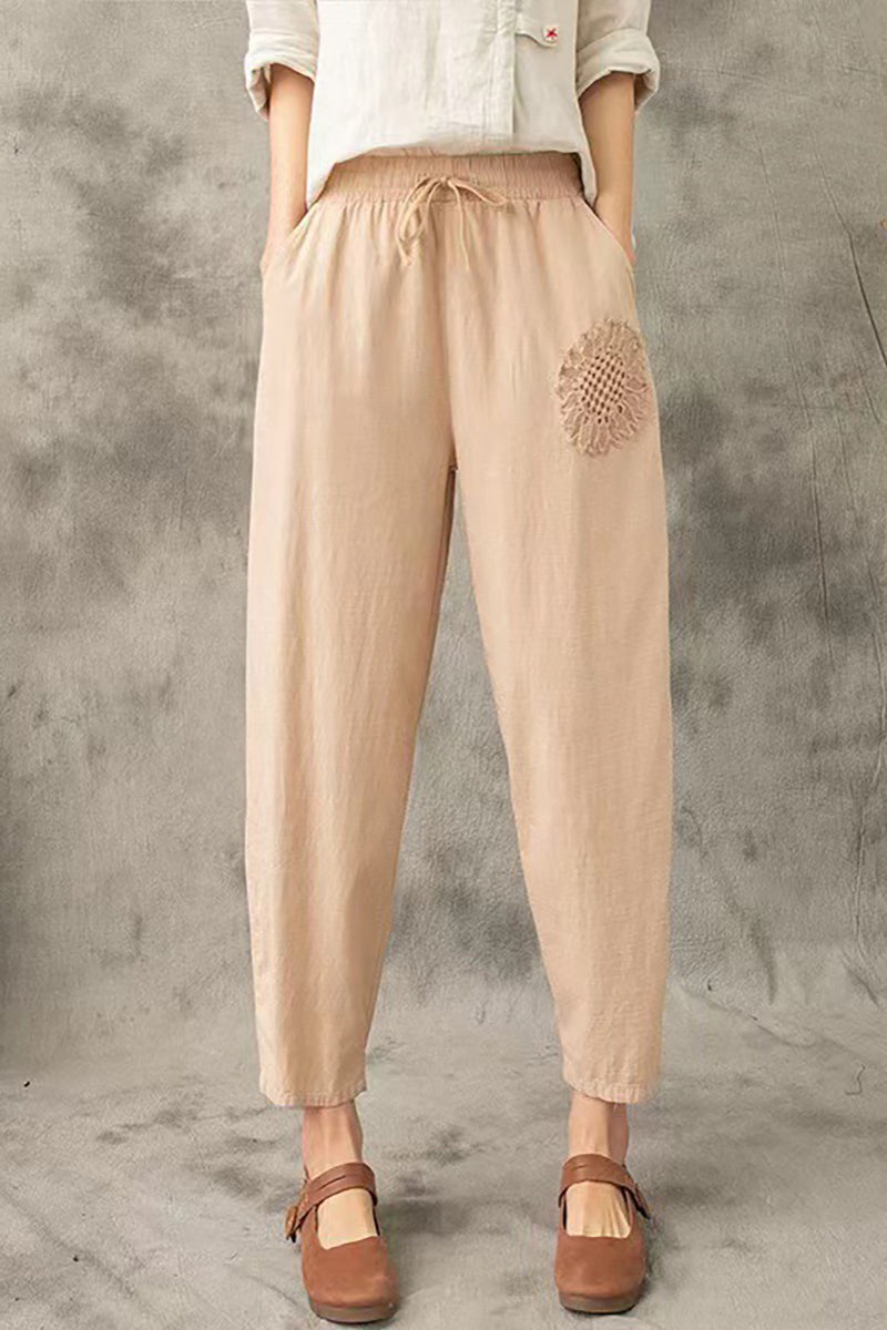 Embroidered pocket drawstring linen harem pants
