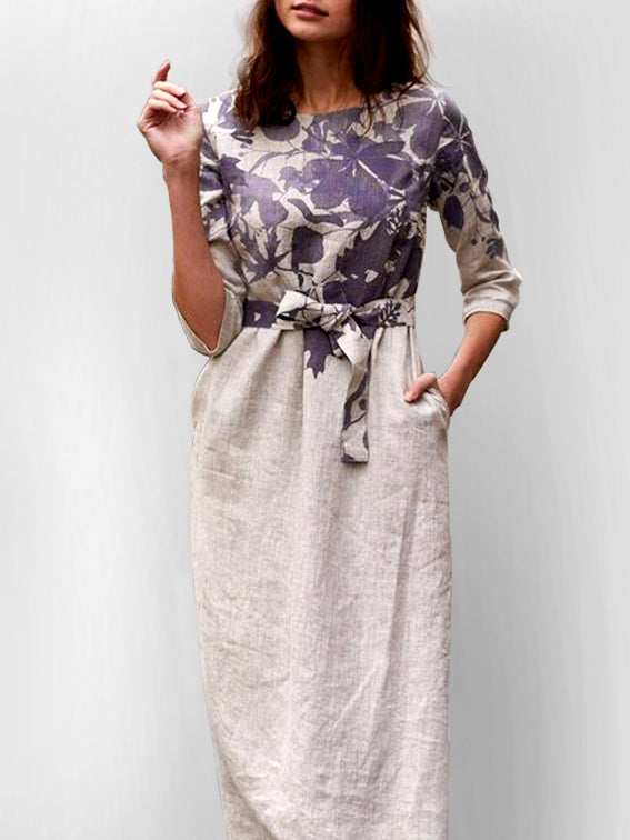 Cotton-Linen Floral Print Mid-Sleeve Dress
