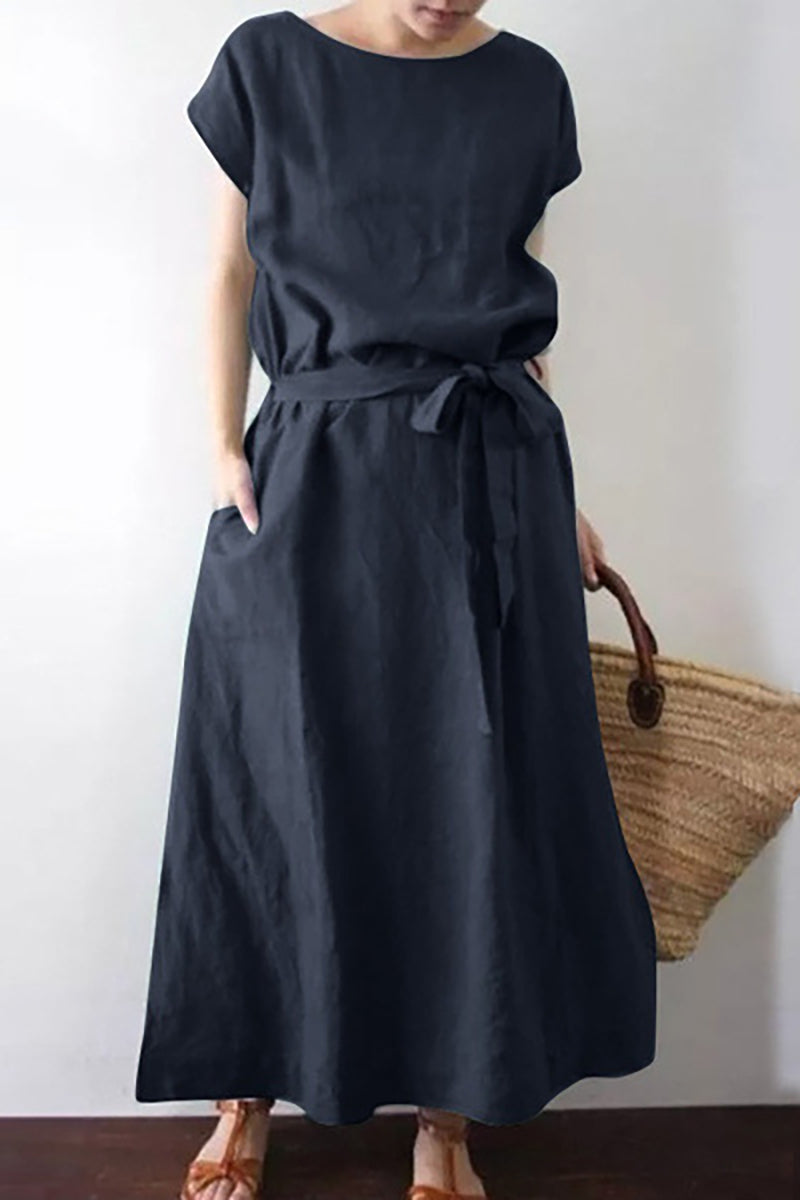 Short Sleeve Round Neck Tied Up Linen Maxi Dress