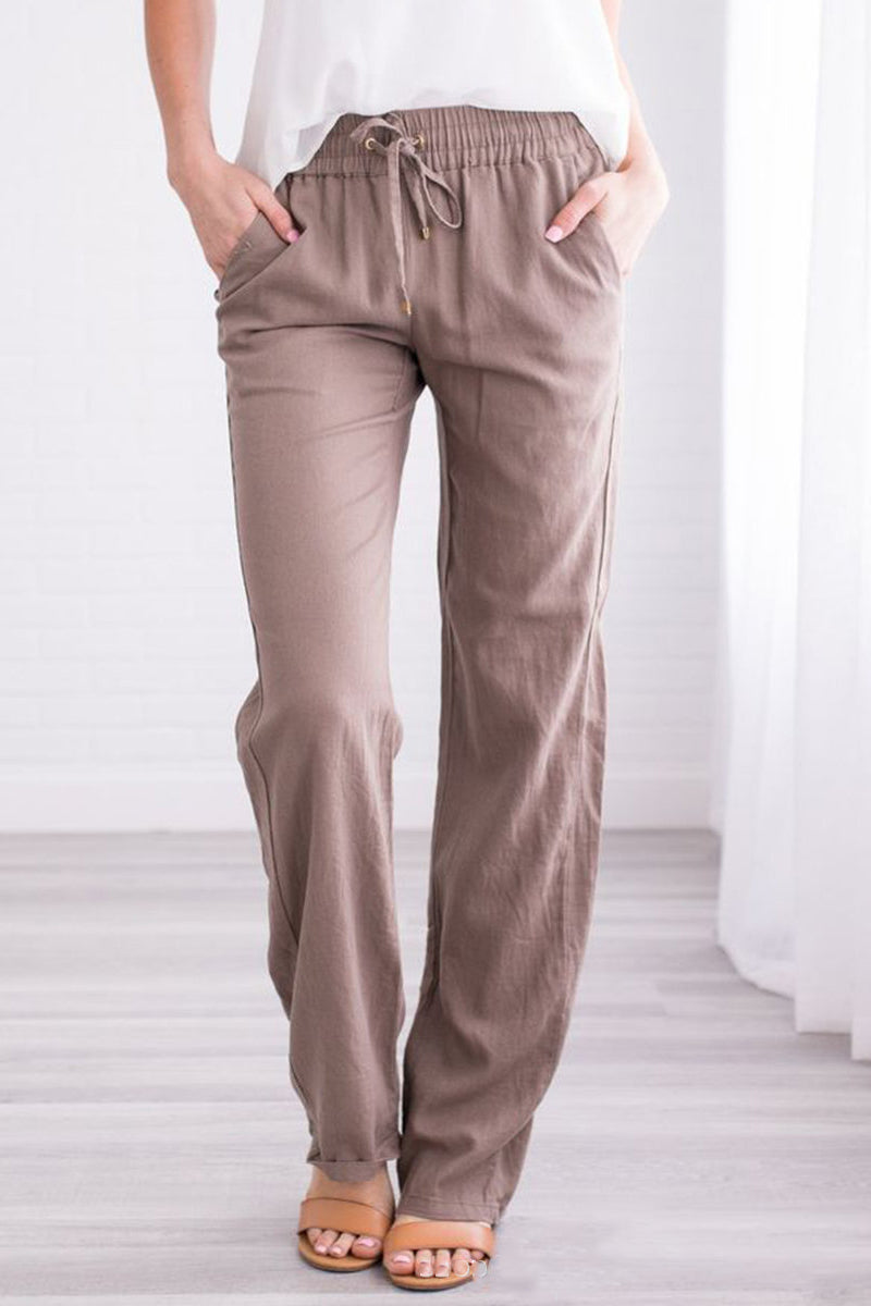 Linen Drawstring Waist Pocket Casual Straight Pants