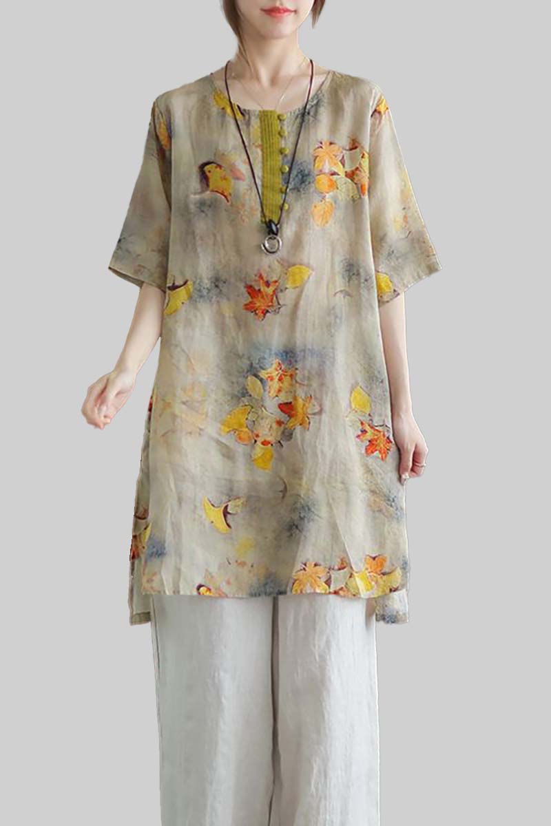 Round Neck Three Quarter Sleeve Irregular Hem Linen Top