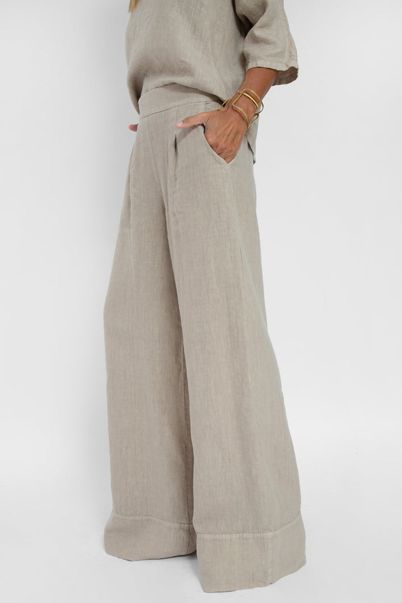 Pocket Wide Leg Pleated Linen Beige Pants Pre Order