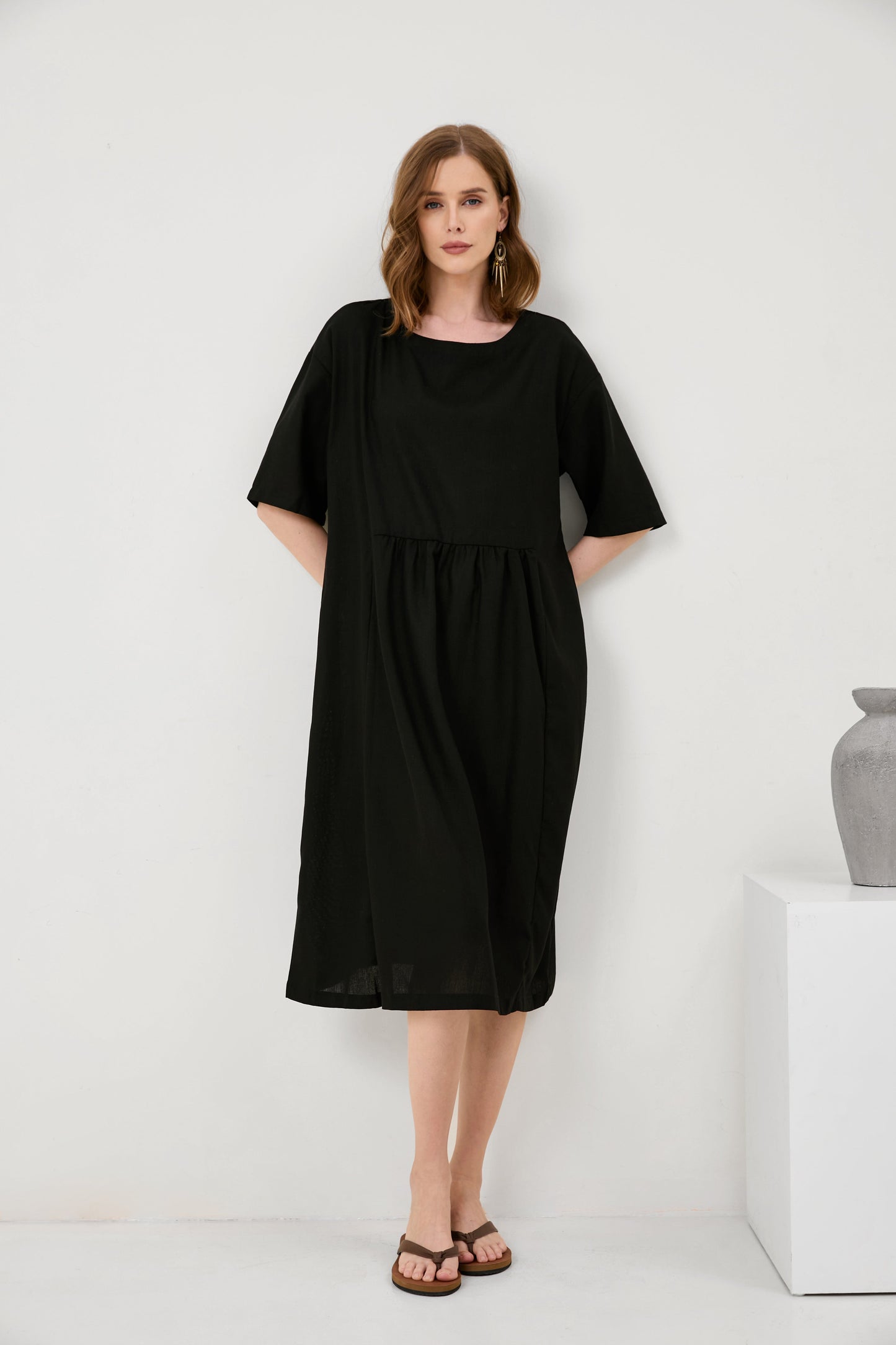 Cotton And Linen A-Line Midi Dress