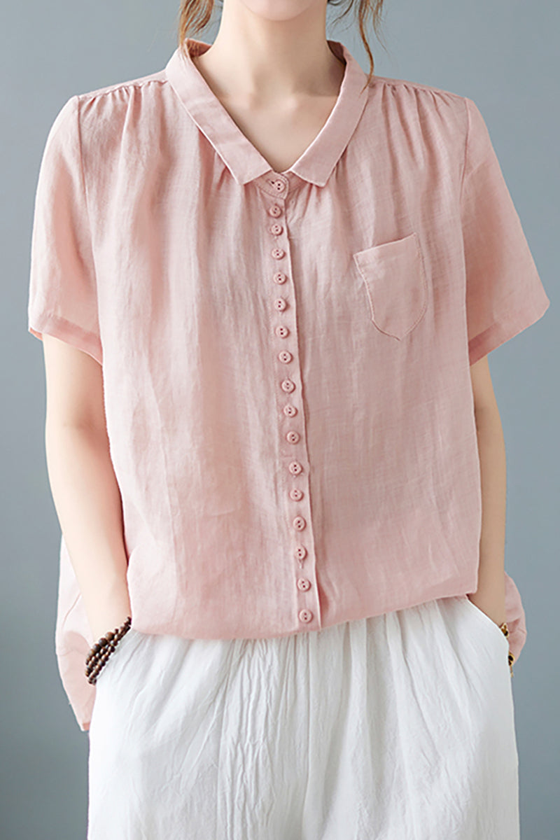 V Neck Short Sleeve Button Pocket Linen Blouse
